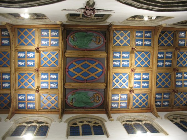 Ceiling showing coats of arms of the See of Durham (Azure, a cross or between four lions rampant argent) and of Bishop John Cosin (Azure, a fret or), 