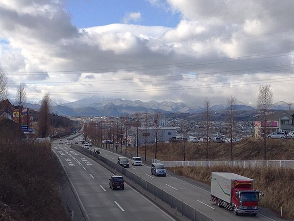 The Ayashi Bypass section of the highway in Sendai looking west towards the Ōu Mountains