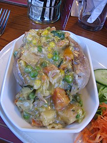 Jacket potato with a vegetable gravy, United Kingdom Baked potato, UK.JPG