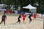 Deutsch: Beachhandball Europameisterschaften 2019 (Beach handball Euro); Tag 3: 4. Juli 2019 – Männer, Hauptrunde Gruppe II, Frankreich-Kroatien 0:2 (16:24, 10:27) English: Beach handball Euro; Day 3: 4 July 2019 – Men Main Round Group II – France-Croatia 0:2 (16:24, 10:27)