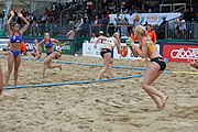 Deutsch: Beachhandball Europameisterschaften 2019 (Beach handball Euro); Tag 5: 6. Juli 2019 – Frauen, Halbfinale, Ungarn-Niederlande 2:0 (19:16, 15:12) English: Beach handball Euro; Day 5: 6 July 2019 – Semifinal Women – Hungary-Netherlands 2:0 (19:16, 15:12)