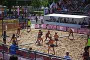 Deutsch: Beachhandball bei den Olympischen Jugendspielen 2018; Tag 3, 10. Oktober 2018; Mädchen, Vorrunde, Gruppe B - Niederlande-Argentinien 2:0 English: Beach handball at the 2018 Summer Youth Olympics at 10 October 2018 – Girls Preliminary Round Group B‎ – Netherlands-Argentina 2:0