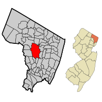 Map highlighting Paramus' location within Bergen County. Inset: Bergen County's location within New Jersey.