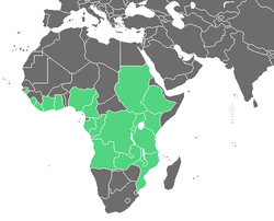 Bản đồ phạm vi phân bố gần đúng của Bersama abyssinica; màu xanh là những nơi nó có mặt.