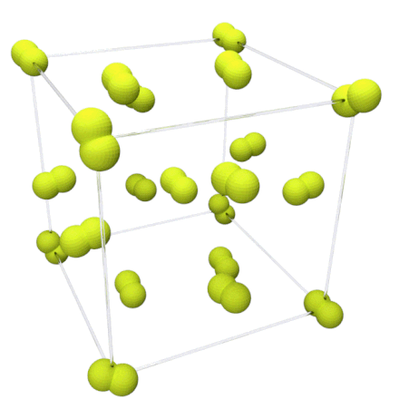 Animation showing the crystal structure of beta-fluorine. Molecules on the faces of the unit cell have rotations constrained to a plane.