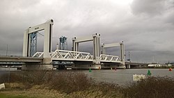 The Botlek bridge in Rotterdam has two lifting spans of 87x50 m (95x55 yd), each with a surface area approaching a football field. Botlekbrug 3.jpg