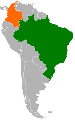 Mapa indicando localização do Brasil e da Colômbia.