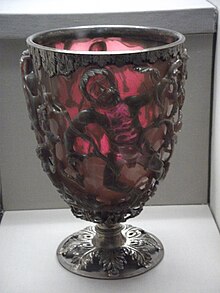 The 4th-century Lycurgus Cup, a 4th-century Roman glass cage cup made of a dichroic glass Brit Mus 13sept10 brooches etc 046.jpg