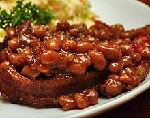 Baked beans made with BBQ sauce, brown sugar, cider vinegar, Dijon mustard and sliced bacon Brown sugar baked beans with bacon.jpg