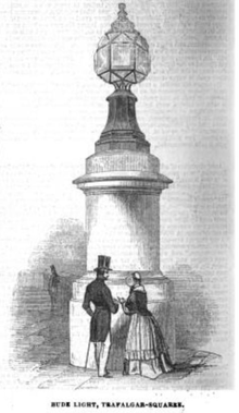 An artist's impression of one of the Bude Lights installed at Trafalgar Square, London, in 1845. Bude Light Trafalgar Square 1845 b.png