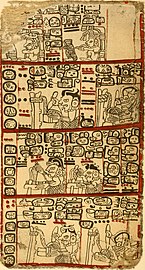 Middle divisions of pages 10 and 11 of the Codex Tro-Cortesiano, showing one tonalamatl extending across the two pages