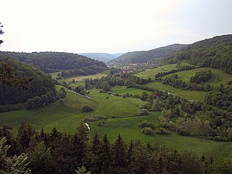View from "Burggraf" over the Trubach valley near Untertrubach 49 ° 40 ′ 56 ″ N, 11 ° 16 ′ 55.5 ″ O49.6822211.28207