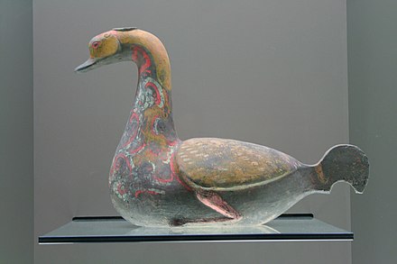 An earthenware pouring vessel in the shape of a goose, painted with pigment, Western Han Era