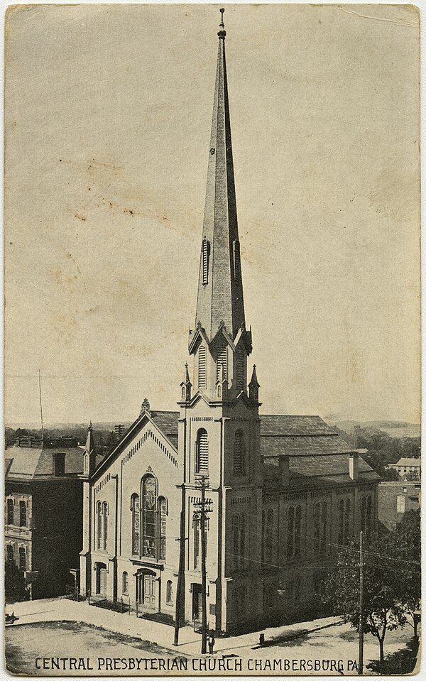 Central Presbyterian Church on the Diamond (town square) in an old postcard