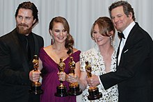 Photograph of Bale alongside Natalie Portman, Melissa Leo and Colin Firth and their respective Academy Awards