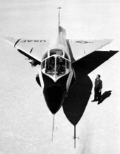 A TF-102A, illustrating the widened cockpit Convair TF-102A Delta Dagger on lakebed.png