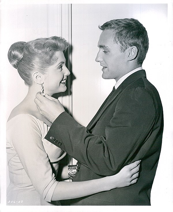 Hopper, aged 20, with actress Karen Sharpe in an April 1957 promotional photograph for an episode of the ABC television series Conflict