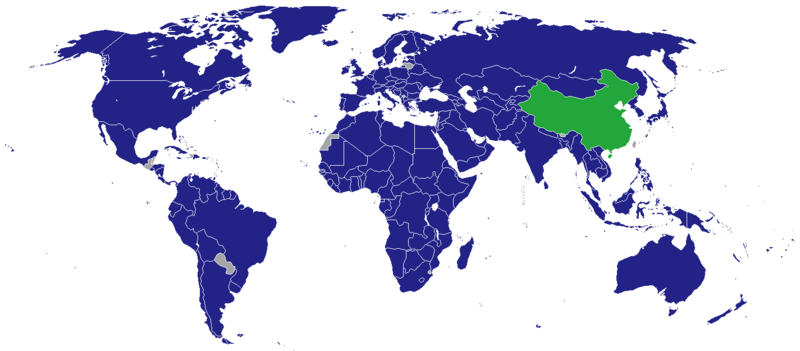 Map of countries that maintain diplomatic missions in the People's Republic of China