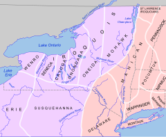 Image 15New York was dominated by Iroquoian (purple) and Algonquian (pink) Indian tribes.