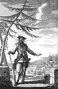 ’n Illustrasie van Swartbaard (omstreeks 1736) in kaptein Charles Johnson se boek A General History of the Pyrates.