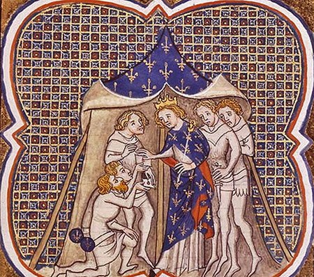 Charles the Fat receives the offer of kingship from two West Francian ambassadors (from the Grandes Chroniques de France, illustration from c. 1375–13