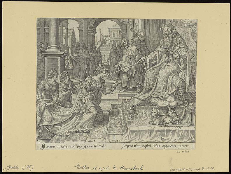 File:Esther Before Ahasuerus, Inviting Him for a Banquet 1564 print by Maarten van Heemskerck, S.I 55693, Prints Department, Royal Library of Belgium.jpg