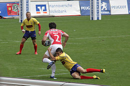 Portugal playing Romania, 2008 European Sevens 2008, Portugal vs Romania, David Mateus tackle.jpg