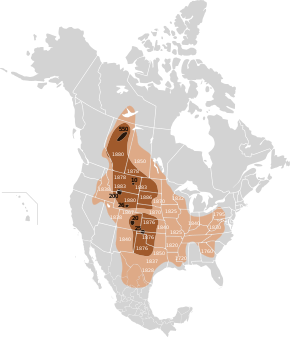 This map of the extermination of bison to 1889 is based on William Temple Hornaday's late-nineteenth-century research. Extermination of bison to 1889.svg