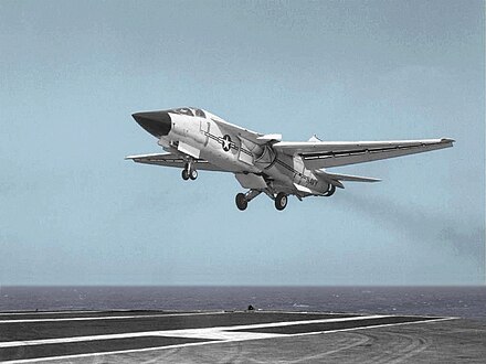A US Navy F-111B approaching the aircraft carrier USS Coral Sea during trials in 1968