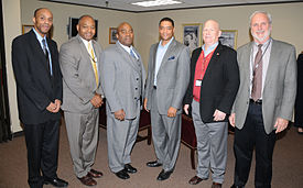 Senior FEMA leaders (left to right) Louisiana Recovery Office Deputy Director of Programs Andre Cadogan, LRO Acting Executive Director Joe Threat and Region 6 Administrator Tony Russell recently met with Louisiana State Representative Cedric Richmond, Governor's Office of Homeland Security and Emergency Preparedness Deputy Director Mark Riley and GOHSEP Assistant Deputy Director for Disaster Recovery Mark DeBosier FEMA - 45825 - Russell Richmond Meeting.jpg