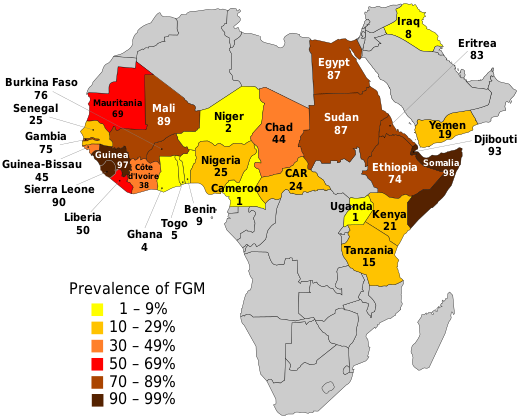 FGM in Africa, Iraqi Kurdistan and Yemen, as of 2015 (map of Africa).[233]