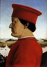 Portrait Federico da Montefeltro, Piero della Francesca, c. 1465-1470. In this portrait, the Duke is shown in profile not because of the influence of classical art, but because his right eye had been injured in battle. Federico da Montefeltro.jpg