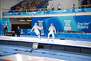 Deutsch: Fechten bei den Olympischen Jugend-Sommerspielen 2018: Tag 1, 7. Oktober 2018, Jungen, Säbel, Finale - Krisztián Rabb (HUN) - Hyun Jun (KOR) (USA) 15:13 English: Fencing at the 2018 Summer Youth Olympics at 7 October 2018 – Boys' sabre Gold medal match – Krisztián Rabb (HUN) Vs Hyun Jun (KOR) (USA) 15:13