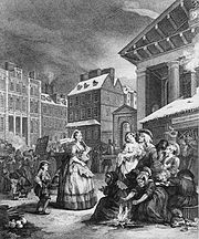 Les 4 moments de la journée : matin, par W. Hogarth. Scène hivernale, place du marché avec figure féminine au centre.