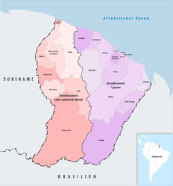 Map of the arrondissements of Guyane until October 2022. Franzosisch-Guayana Arrondissement 2018.png