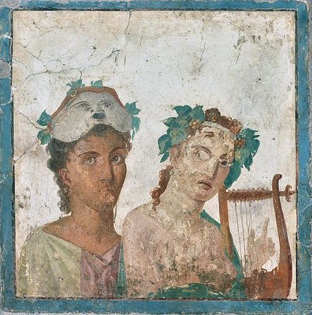 A Roman fresco from Pompeii, 1st century AD, depicting a man in a theatre mask and a woman wearing a garland while playing a lyre