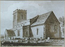 St Olave's before 1865. The nave had a clerestory, the tower had no steeple but was crenellated and the chancel had a square-headed east window Fritwell StOlave beforeGEStreet.JPG