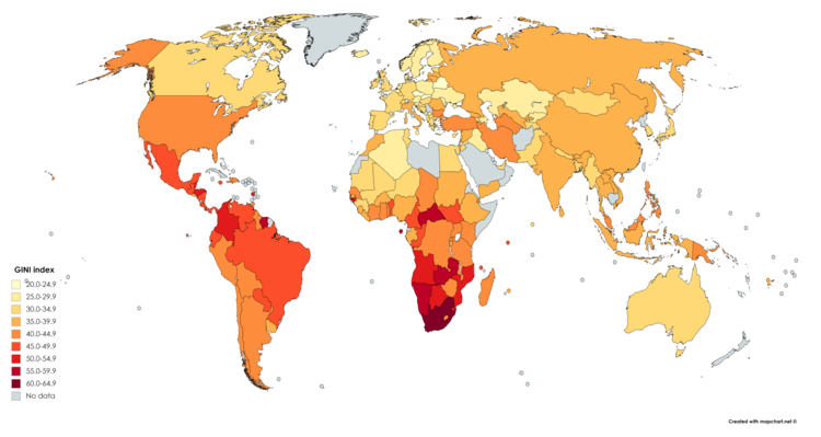 Countries' income inequality according to their Gini coefficient as of 2018. GINI index World Bank up to 2018.png