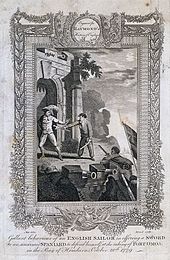 18th century print depicting a British sailor offering a sword to an unarmed Spaniard Gallant Sailor San Fernando de Omoa.jpg