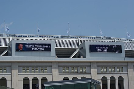 Steinbrenner and Bob Sheppard memorialized on the facade of Yankee Stadium