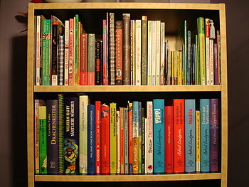 Kids bookshelf with German and American childr...
