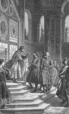 Эсташ (с белыми волосами) и его братья Готфрид и Балдуин на приёме у византийского императора Алексея I Комнина