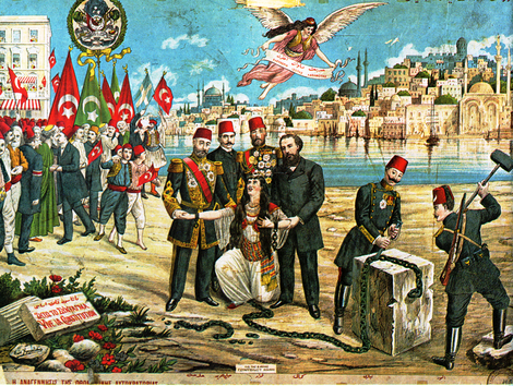 The 1876 Constitution: Sultan Abdul Hamid II, the Grand Vizier, and the millets grant freedom to an idealized female figure representing Turkey, whose chains are being smashed.  The flying angel displays a banner with the motto of the French Revolution: Liberty, Equality, Fraternity in Turkish (Arabic script) and in Greek. The scene takes place in a generic Bosphorus scenery. Reproduced from a 1908 postcard (the printed caption of 1895 is inaccurate) celebrating the re-introduction of the constitution thanks to the Young Turk Revolution of 1908.