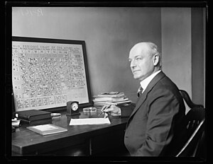 Henry D. Hubbard in front of his 1924 periodic table wallpaper