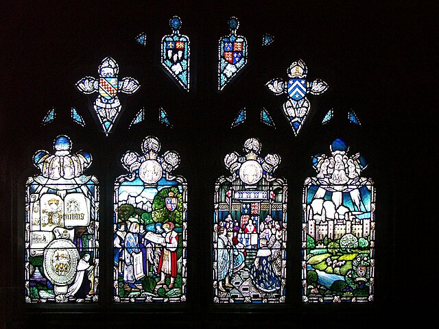 The Stanberry Window, made in 1923, at Hereford Cathedral, showing Bishop John Stanberry advising King Henry VI on the founding of Eton College