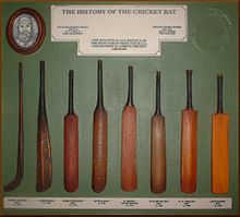 Evolution of the cricket bat. The original "hockey stick" (left) evolved into the straight bat from c. 1760 when pitched delivery bowling began. Historical cricket bat art.jpg