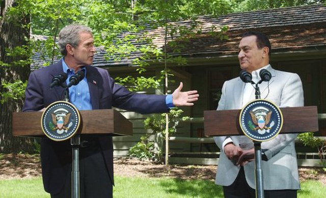 During November 2010, former U.S. President George W. Bush (here with the former President of Egypt Hosni Mubarak at Camp David in 2002) wrote in his 