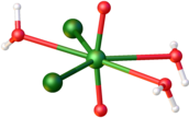 Structure of the molecular complex uranyl chloride, trihydrate (UO2Cl2(H2O)3). Color scheme: red = O, green = U, Cl. ICSD CollCode36058.png