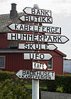 A local sign in Norwegian: bank=bank, kabelferge=cable ferry, butikk=shop (from french ''boutique''), skule=school, kafe=cafe.