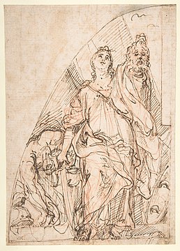 Judith brandissant la tête d'Holopherne, encre et sanguine, New York, Metropolitan Museum of Art.